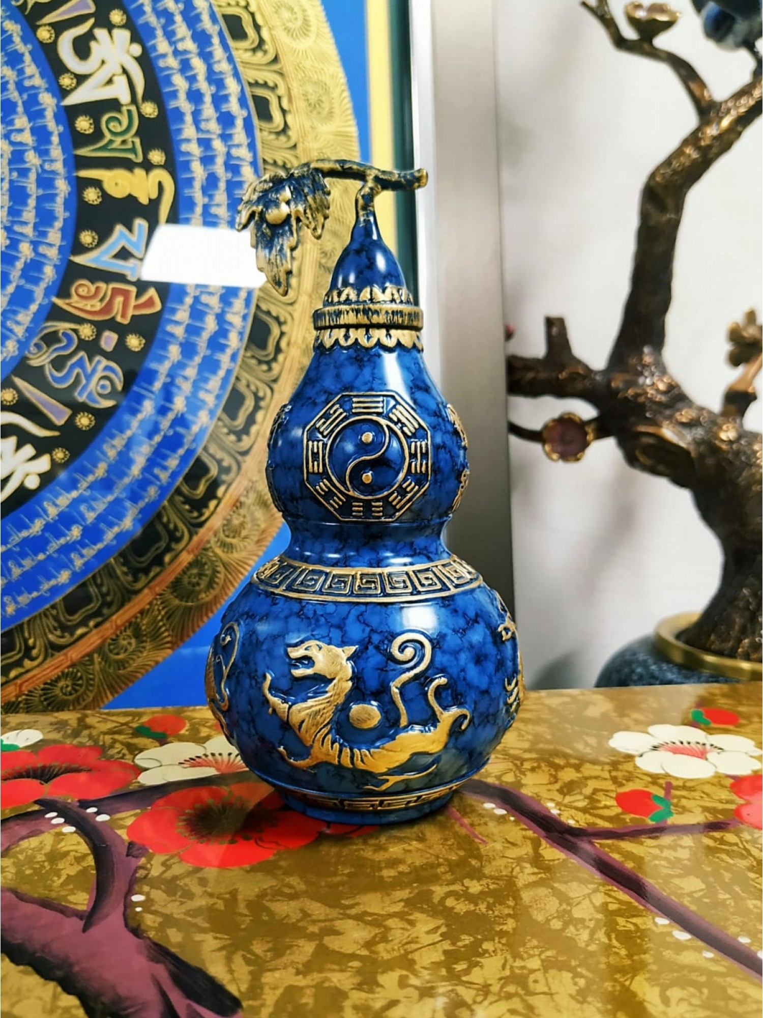 Статуэтка Тыква У-Лоу синяя с четырьмя небесными символами (черепаха, дракон, дракон и феникс)
